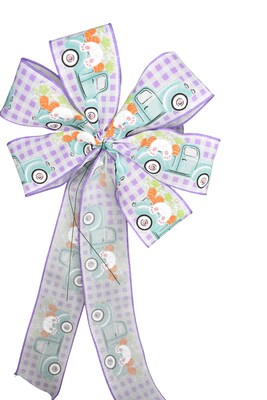 Easter Wired Wreath Bow - Bunny Truck - Purple Plaid - image4